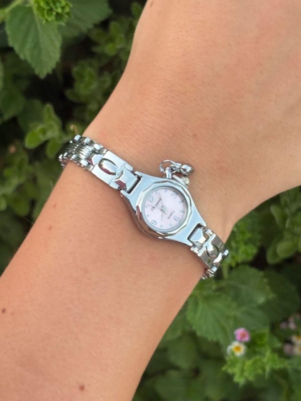 Silver-Tone Heart Charm Watch with Pink Dial and Link Bracelet